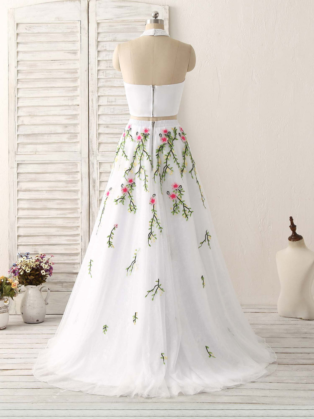 White Two Pieces Lace Applique Long Prom Dress, Evening Dress