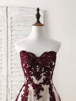 A-Line Sweetheart Tulle Lace Applique Burgundy Long Prom Dress, Bridesmaid Dress