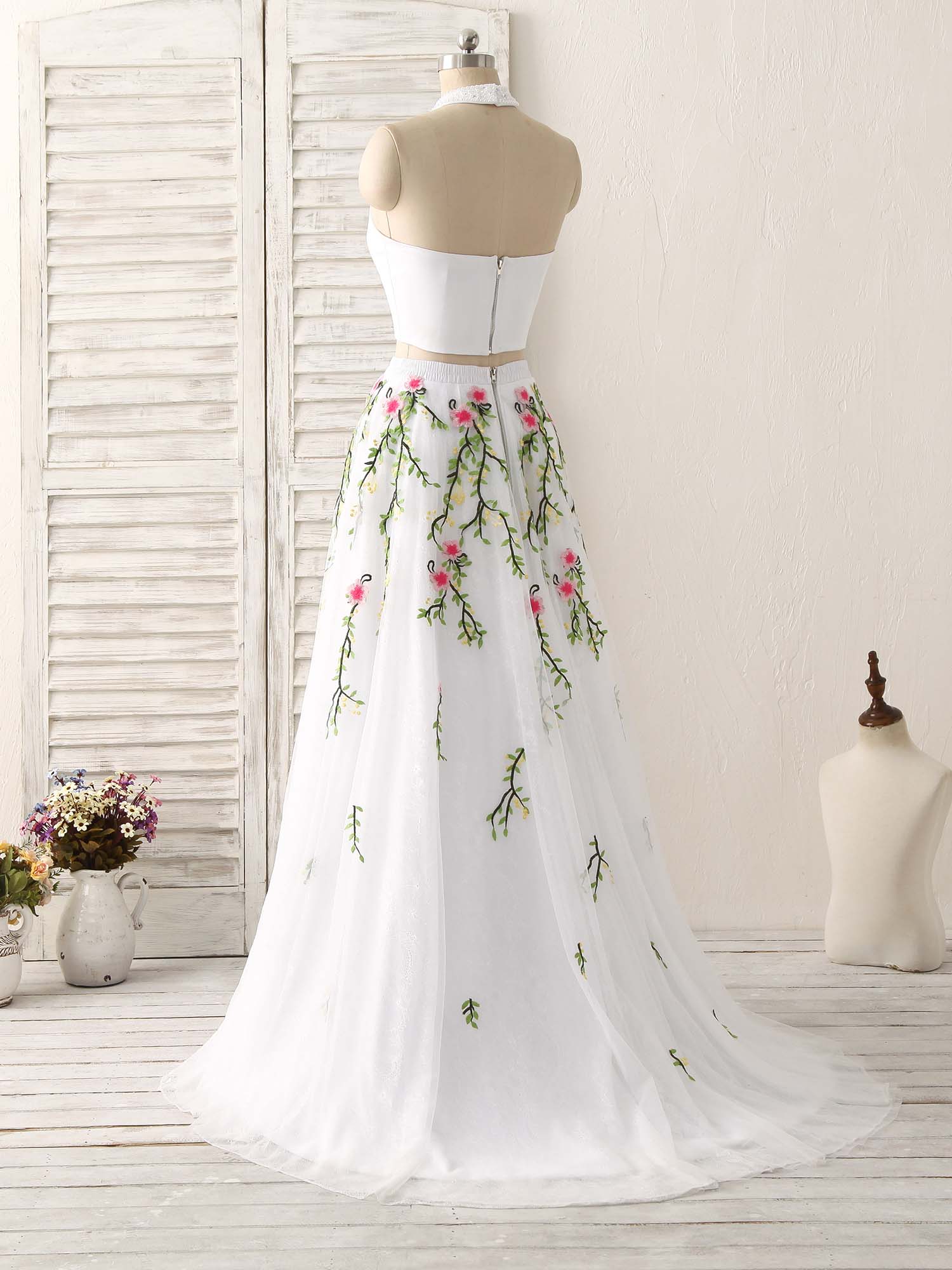 White Two Pieces Lace Applique Long Prom Dress, Evening Dress US 2 / White White Two Pieces Lace Applique Long Prom Dress, Evening Dress US 2 / White