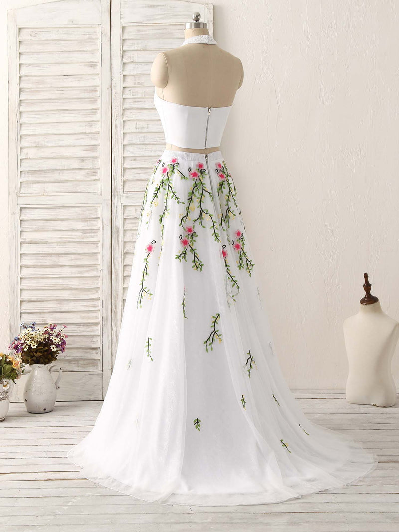 White Two Pieces Lace Applique Long Prom Dress, Evening Dress shopluu White Two Pieces Lace Applique Long Prom Dress, Evening Dress shopluu