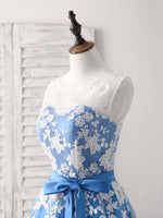 Blue Round Neck Tulle Lace Applique Tea Long Prom Dress, Bridesmaid Dress