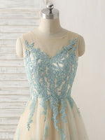 Cute Champagne Lace Long Prom Dress, A Line Tulle Bridesmaid Dress