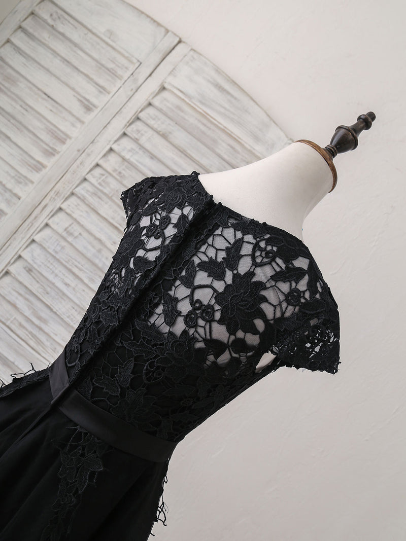 Black Round Neck Tulle Lace Applique Short Prom Dress, Black Homecoming Dress