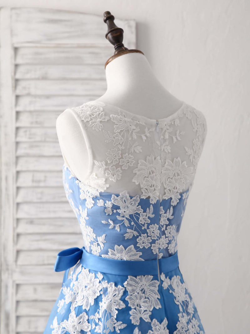 blue and white lace dress Blue Round Neck Tulle Lace Applique Tea Long Prom Dress, Bridesmaid Dr – shopluu