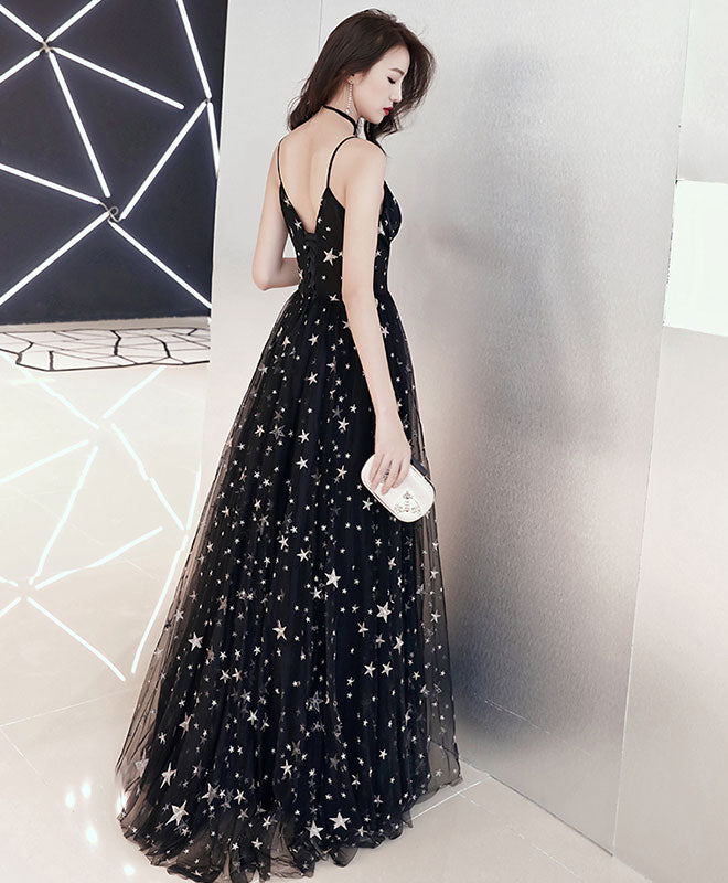 Black V Neck Tulle Long Prom Dress, Black Evening Dress