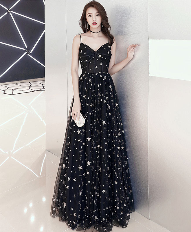 Black V Neck Tulle Long Prom Dress, Black Evening Dress