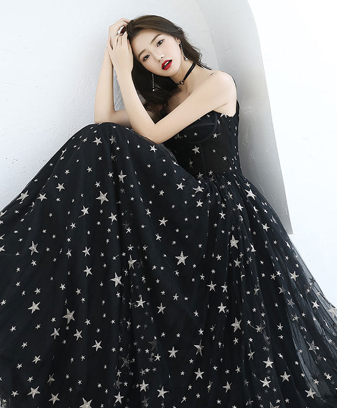 Black V Neck Tulle Long Prom Dress, Black Evening Dress