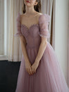 Sweetheart Tulle Beads Tea Length Pink Prom Dress, Tulle Homecoming Dress
