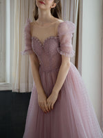 Sweetheart Tulle Beads Tea Length Pink Prom Dress, Tulle Homecoming Dress