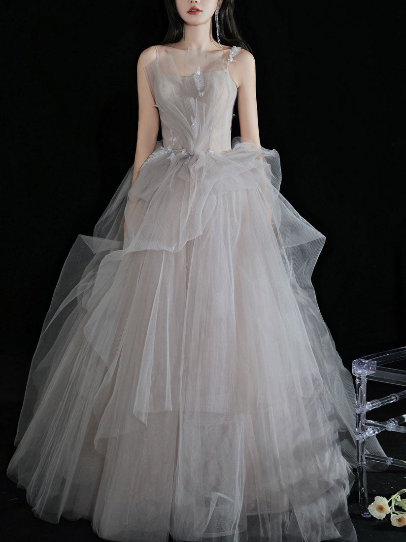 Light Gray Tulle Lace Long Prom Dress, Tulle Lace Formal Dress