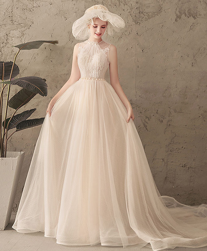 A-Line Tulle Lace Long Prom Dress, Tulle Lace Wedding Dress