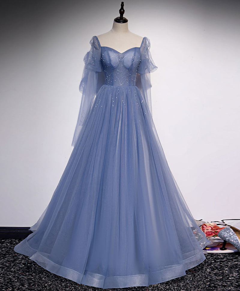 A line Blue Long Prom Dress, Blue Formal Graduation Dress with Beading