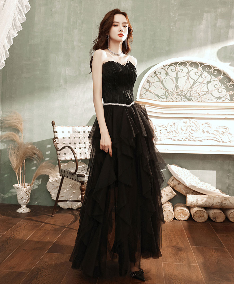 Black Aline Tulle Long Prom Dress, Black Formal Evening Dress with Feather