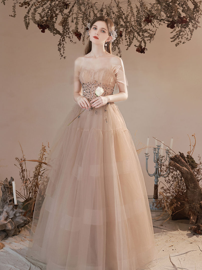 Champagne Tulle Long Prom Dress, Champagne A line Formal Dresses US 12 / Champagne