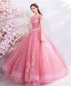 Pink Tulle Off Shoulder Lace Long Prom Dress, Pink Evening Dress