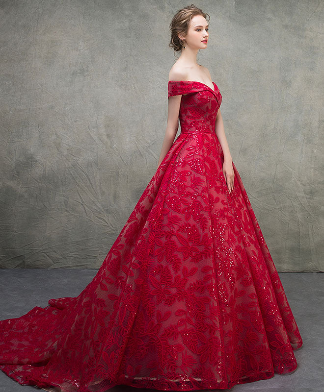 Burgundy Off Shoulder Lace Long Prom Dress, Burgundy Lace Long Evening Dress