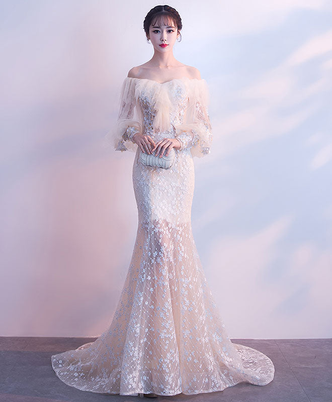 Champagne Tulle Lace Mermaid Long Prom Dress, Tulle Lace Evening Dress – shopluu