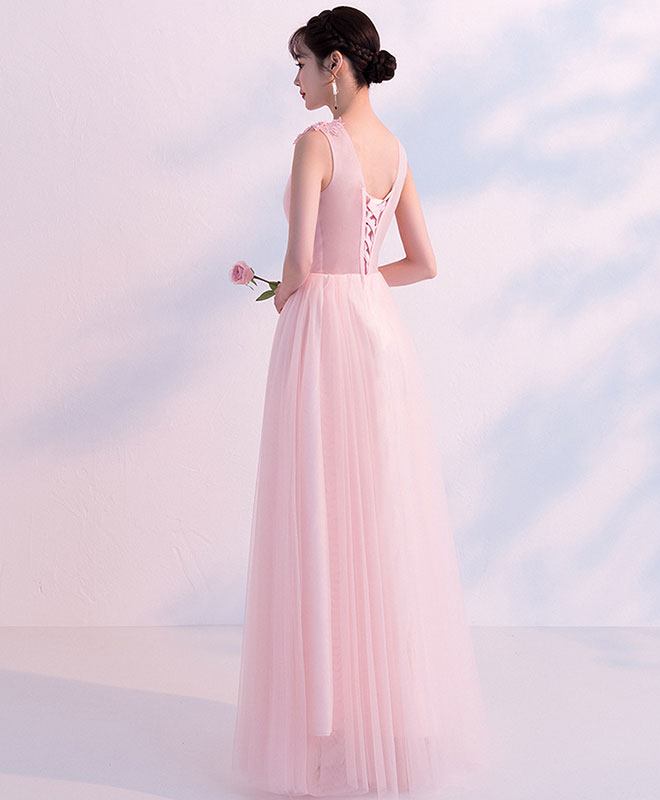 Pink V Neck Tulle Long Prom Dress, Pink Tulle Bridesmaid Dress
