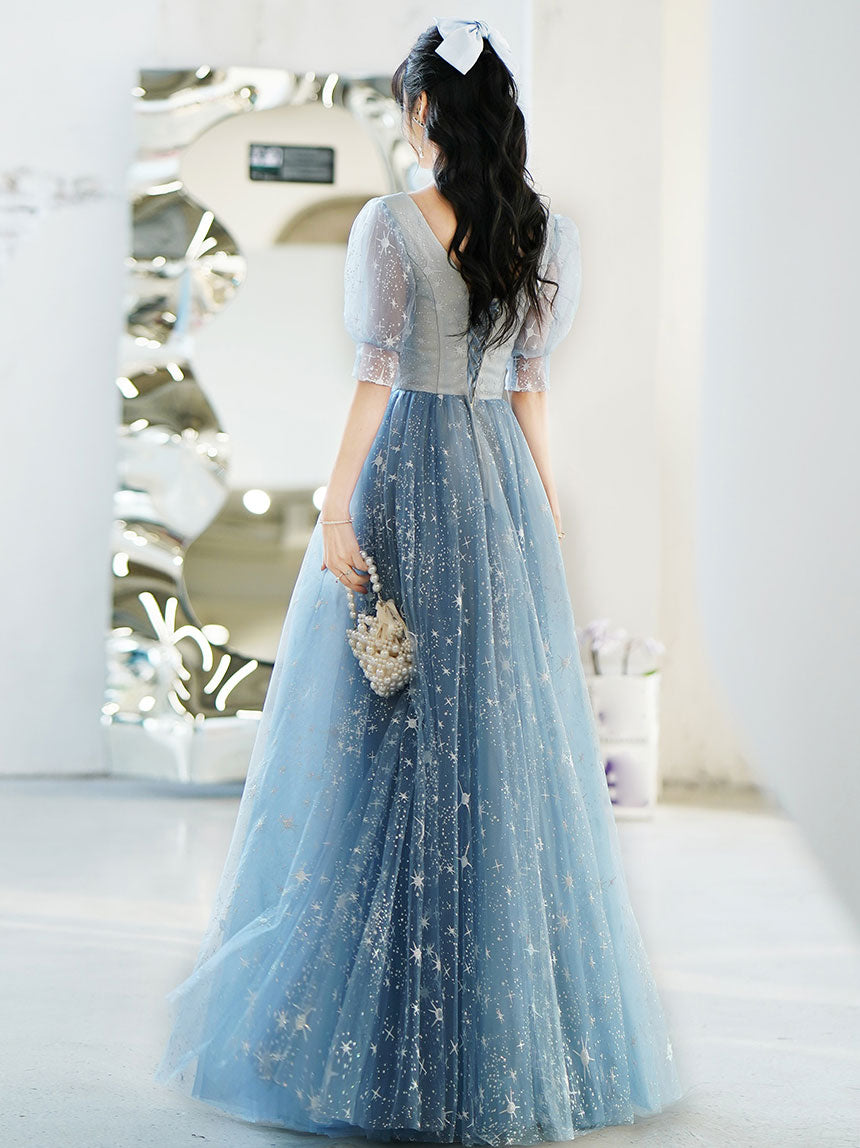 Simple V Neck Tulle Star Blue Long Prom Dress, Blue Formal Bridesmaid Dresses