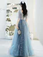 Simple V Neck Tulle Star Blue Long Prom Dress, Blue Formal Bridesmaid Dresses