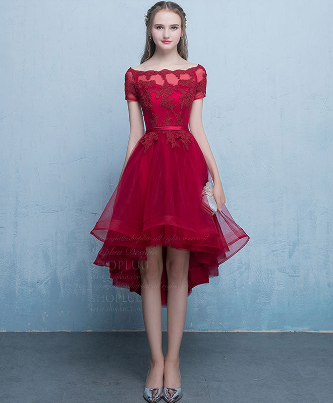Burgundy Tulle Lace Short Prom Dress, Burgundy Homecoming Dress