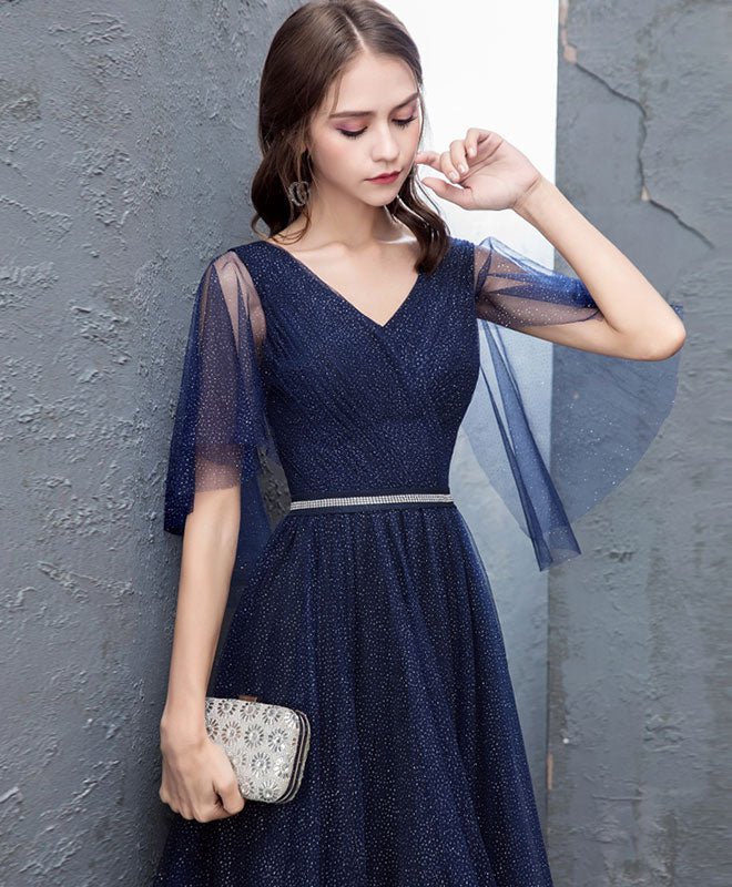 Dark Blue Sequin Tulle Long Prom Dress, Dark Blue Evening Dress