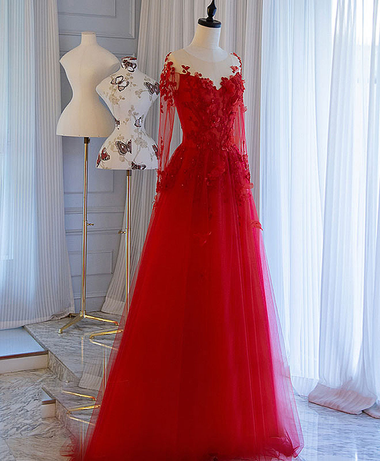 2023 Long Sleeve Mermaid Red Keyhole Back Lace Prom Dress – Sassymyprom