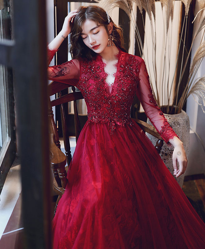 Burgundy V Neck Tulle Lace Long Prom Dress Burgundy Lace Evening Dress US 14 / Burgundy Burgundy V Neck Tulle Lace Long Prom Dress Burgundy Lace Evening Dress US 14 / Burgundy