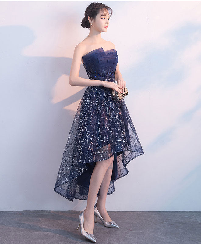 Dark Blue Tulle Sequin High Low Prom Dress, Blue Evening Dress – shopluu