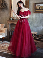 Burgundy Off Shoulder Tulle Sequin Long Prom Dress Burgundy Evening Dress