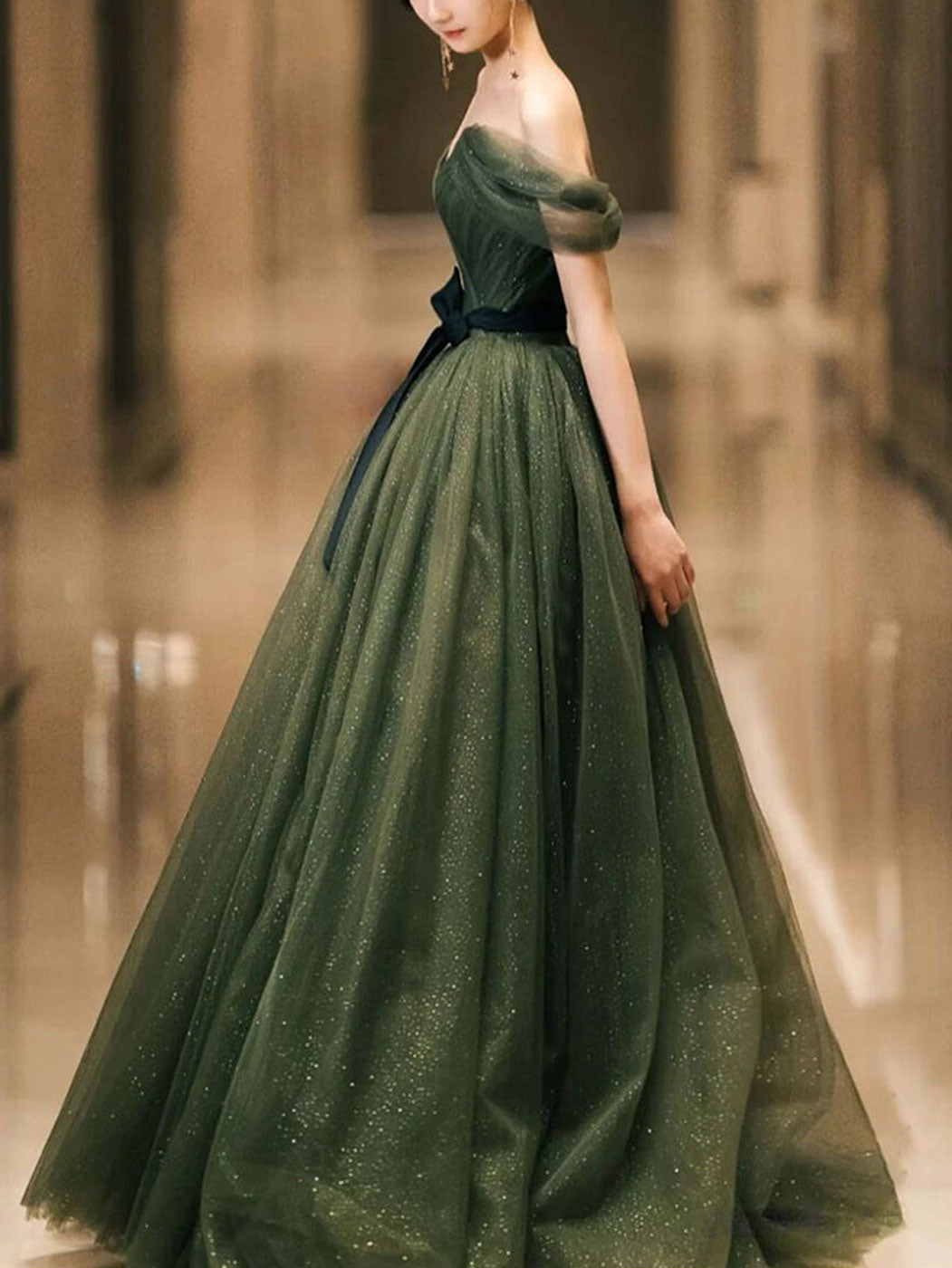 Beautiful Green Tulle Long Prom Dress, A-Line Off The Shoulder Graduation Dress US 16 / Green Beautiful Green Tulle Long Prom Dress, A-Line Off The Shoulder Graduation Dress US 16 / Green