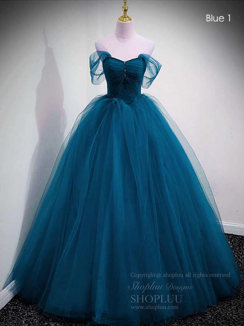A-Line Sweetheart Off Shoulder Lace Long Prom Dress, Tulle Formal Dresses