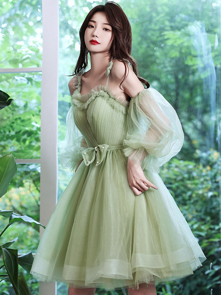 Puffy Aesthetic Hoco Dresses Cute Green Tulle Short Prom Dress