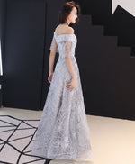 Gray Tulle Lace One Shoulder Long Prom Dress Lace Evening Dress