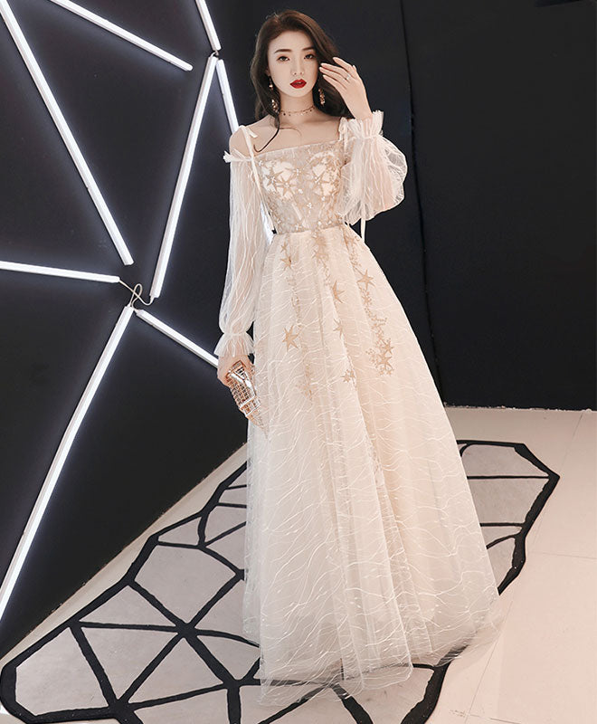 A-Line Tulle Lace Long Prom Dress, Tulle Lace Evening Dress