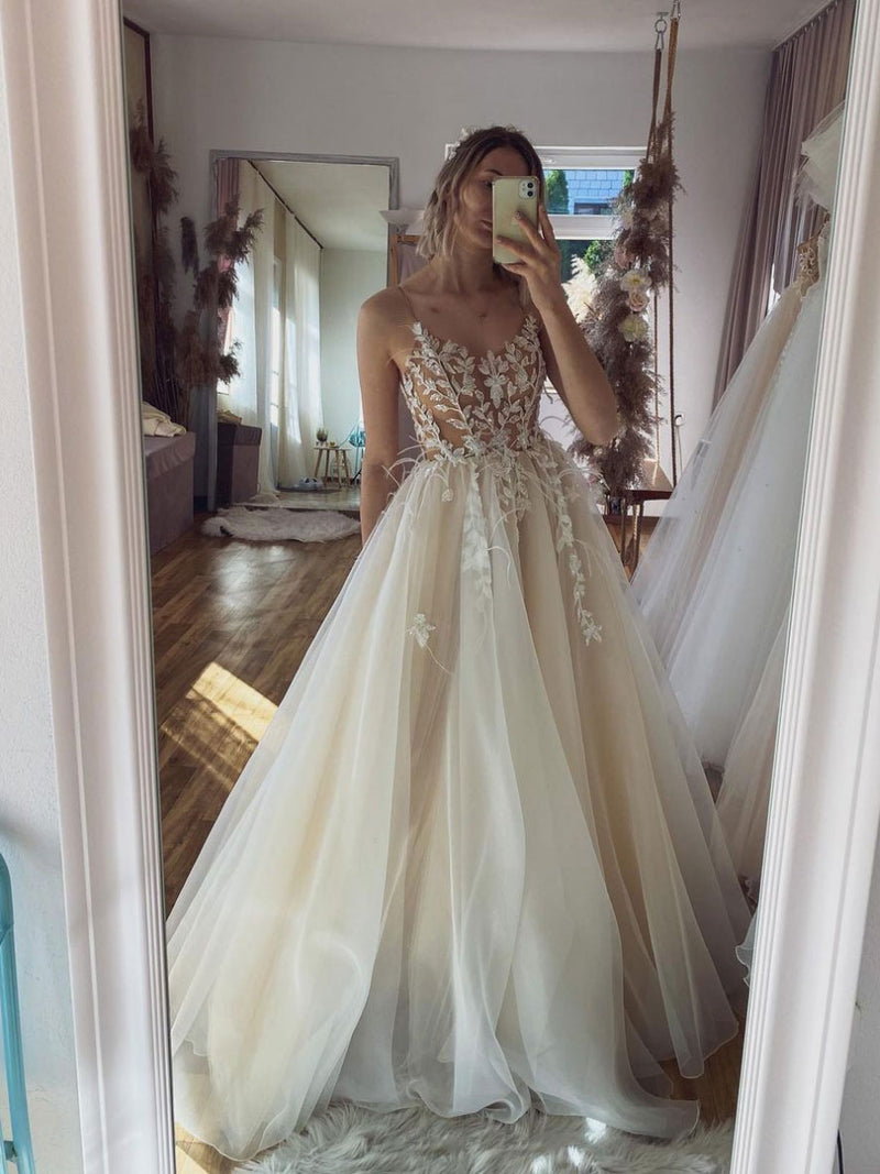 Champagne A -line Tulle Lace Long Prom Dress, Lace Formal Evening Dres shopluu Champagne A -line Tulle Lace Long Prom Dress, Lace Formal Evening Dres shopluu