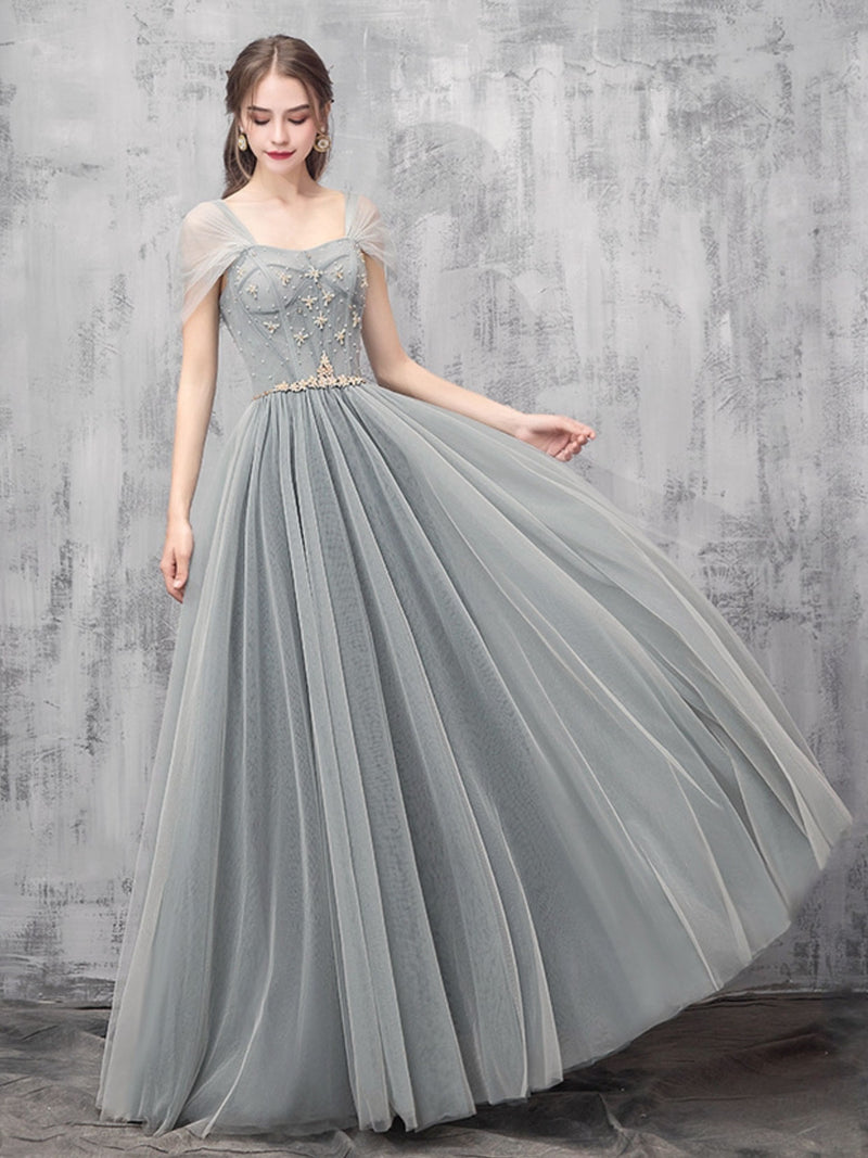 Gray A-line Off Shoulder Tulle Beads Long Prom Dress, Gray Evening Dre ...