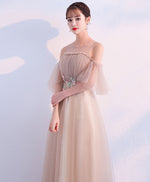Champagne Round Neck Tulle Long Prom Dress, Champagne Tulle Evening Dress