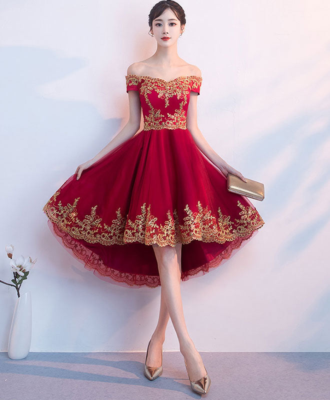 Burgundy Tulle Lace Short Prom Dress, High Low Homecoming Dress