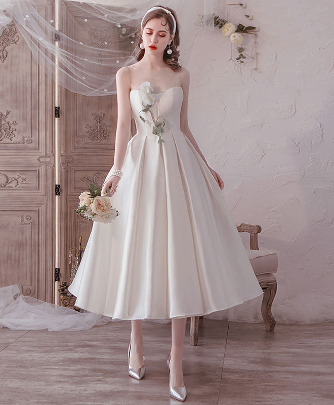 Simple Round Neck Tea Length Prom Dress White Bridesmaid Dress