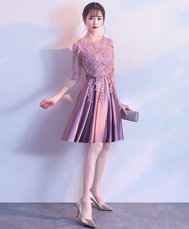Cute Round Neck Satin Lace Short Prom Dress Lace Homecoming Dress – shopluu