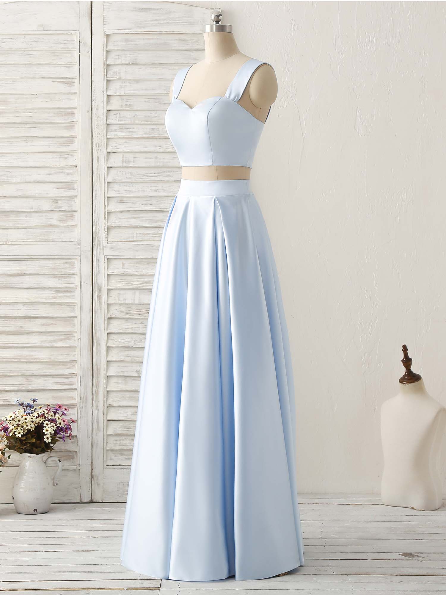 Light Blue Two Pieces Satin Long Prom Dress Simple Evening Dress US 10 / Custom Color Light Blue Two Pieces Satin Long Prom Dress Simple Evening Dress US 10 / Custom Color