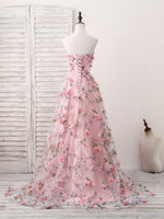 Pink Sweetheart Neck Tulle 3D Applique Long Prom Dress, Pink Evening Dress