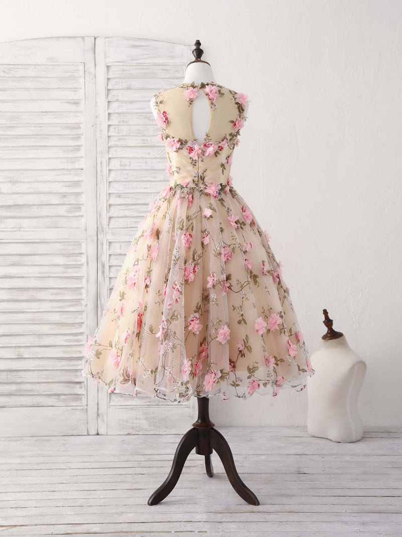 Unique Champagne 3D Applique Short Prom Dress Cute Homecoming Dress