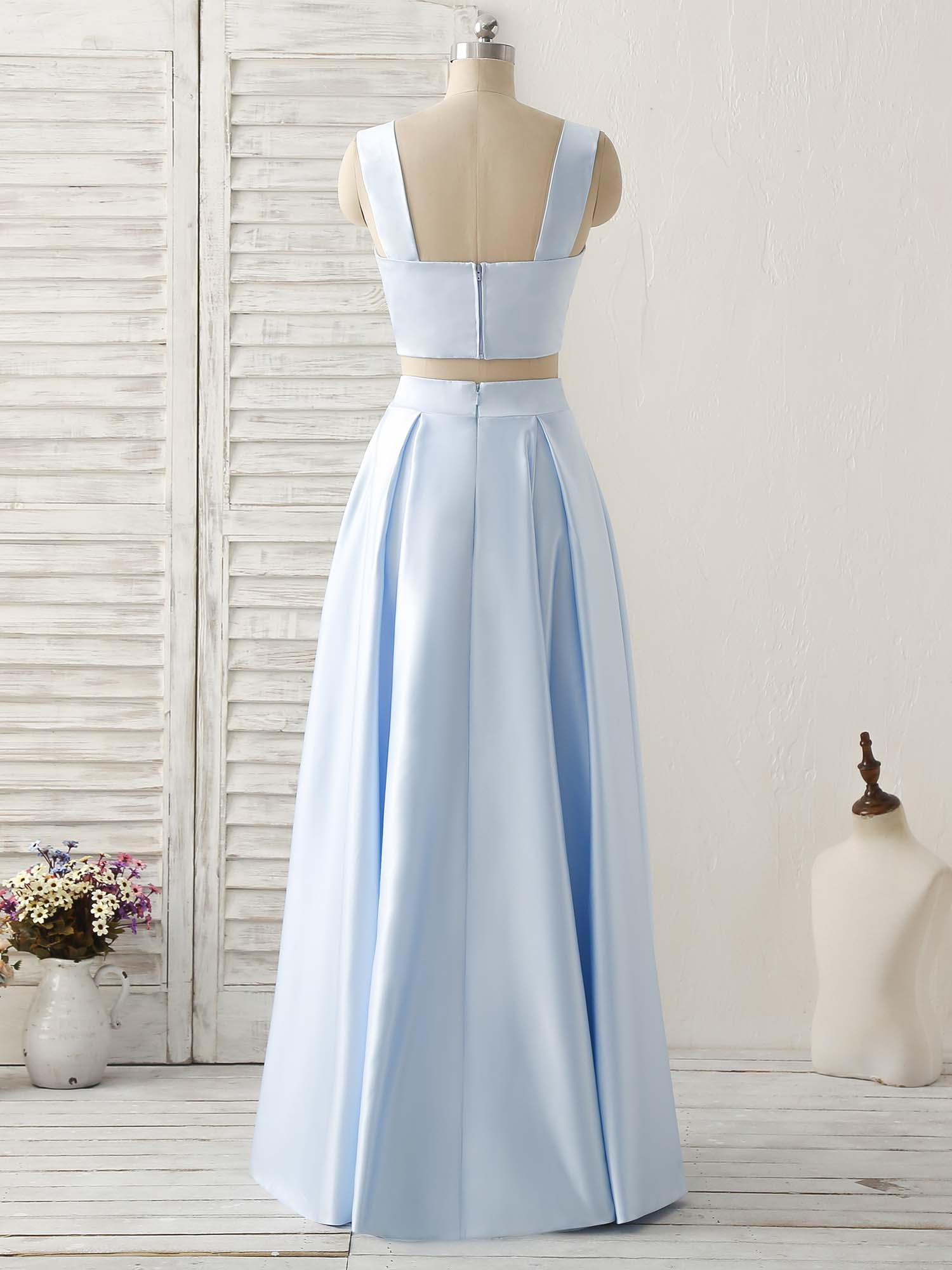 Light Blue Two Pieces Satin Long Prom Dress Simple Evening Dress – shopluu