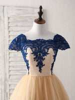 Champagne Tulle Lace Applique Short Prom Dress, Bridesmaid Dress
