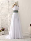 White Chiffon Beads Long Prom Dress, White Evening Dress