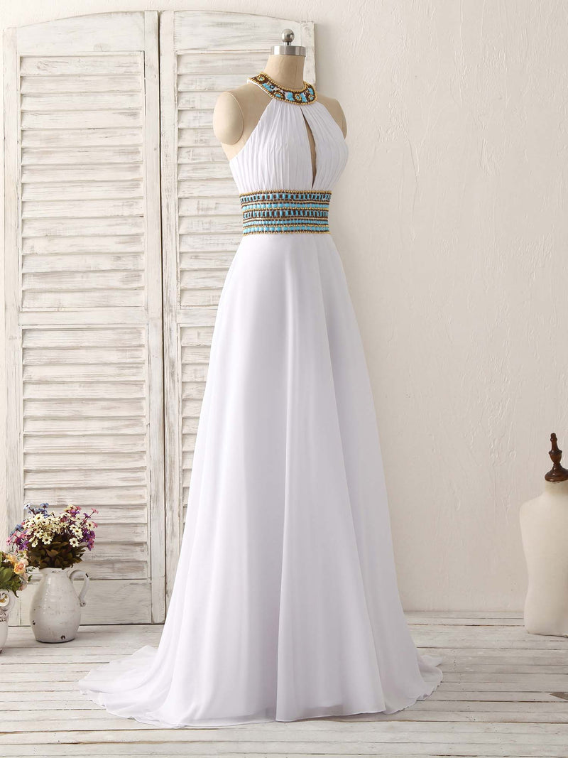White Chiffon Beads Long Prom Dress, White Evening Dress – shopluu