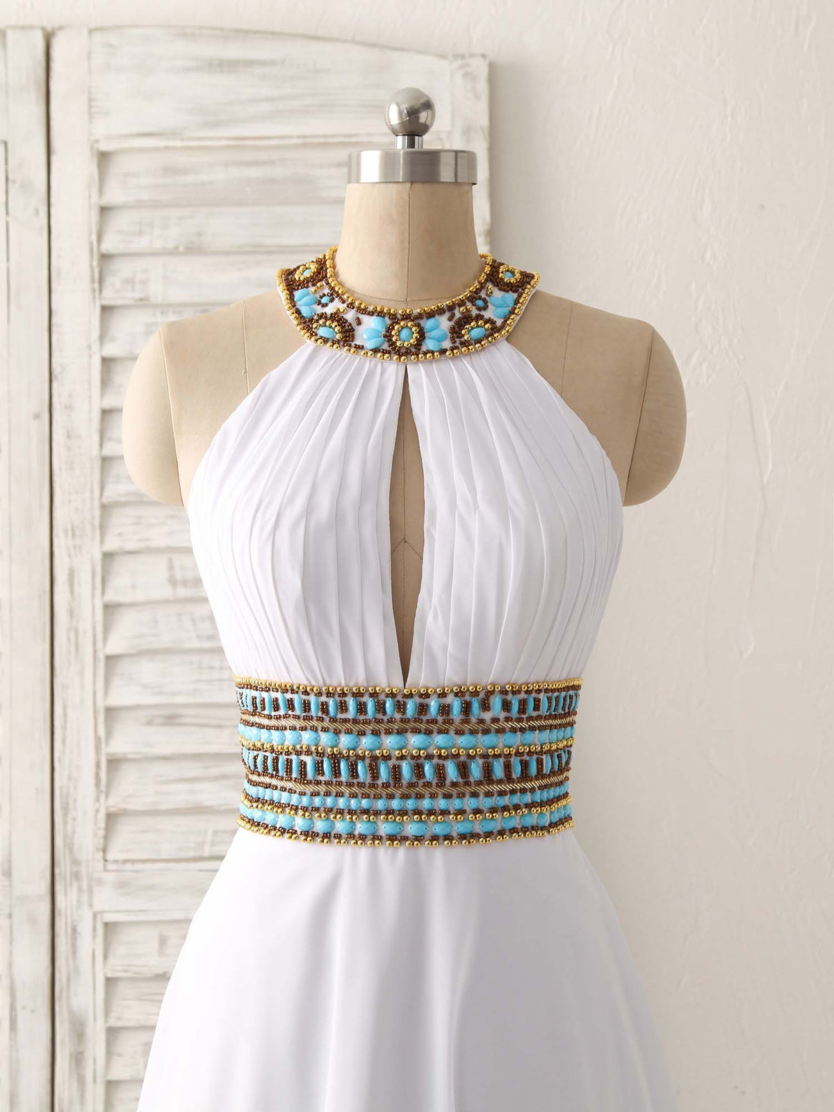 White Chiffon Beads Long Prom Dress, White Evening Dress