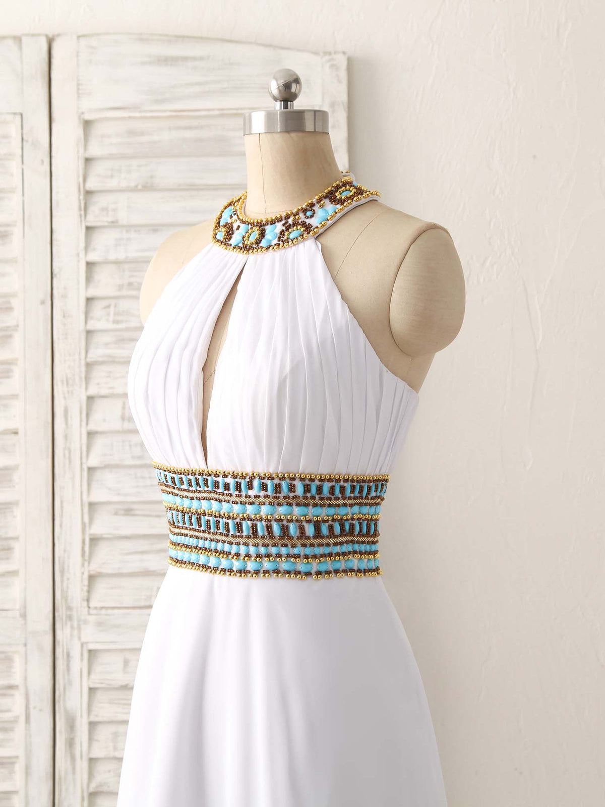 White Chiffon Beads Long Prom Dress, White Evening Dress